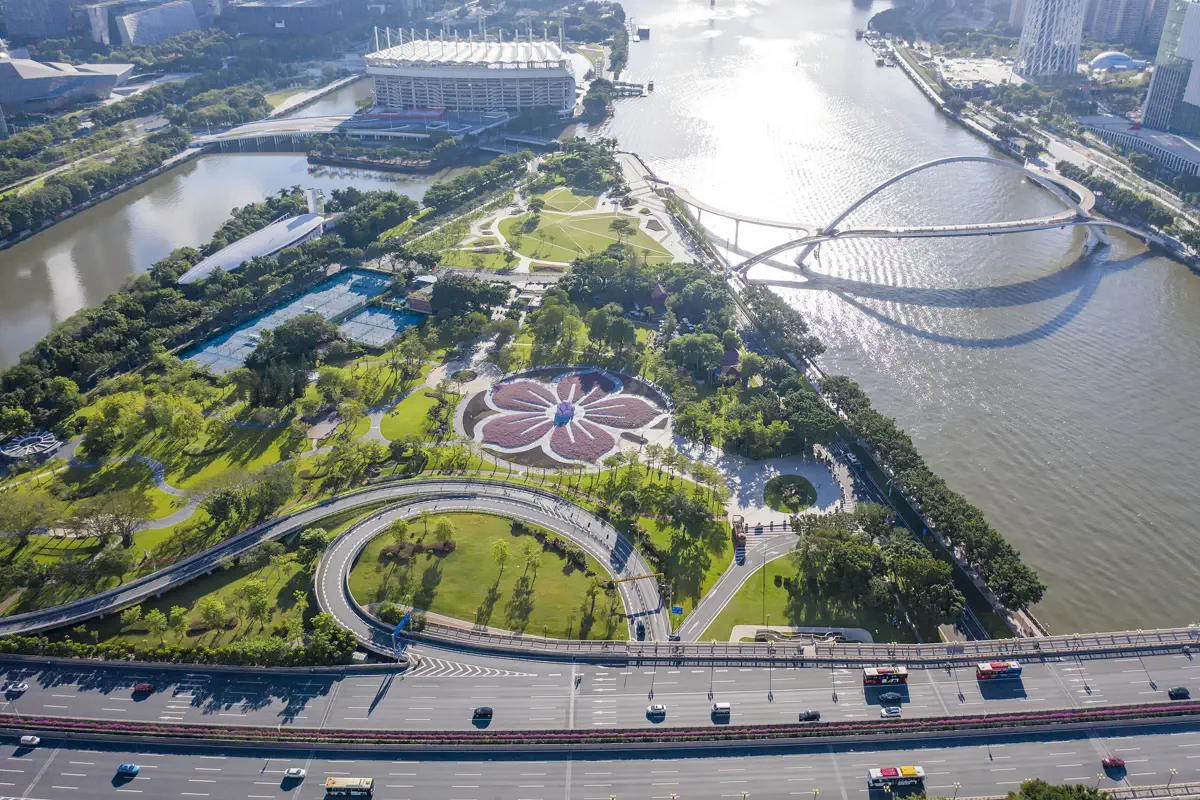 Aerial view of Haixin Bridge pedestrian footbridge spanning the Pearl River from Ersha Island to Canton Tower