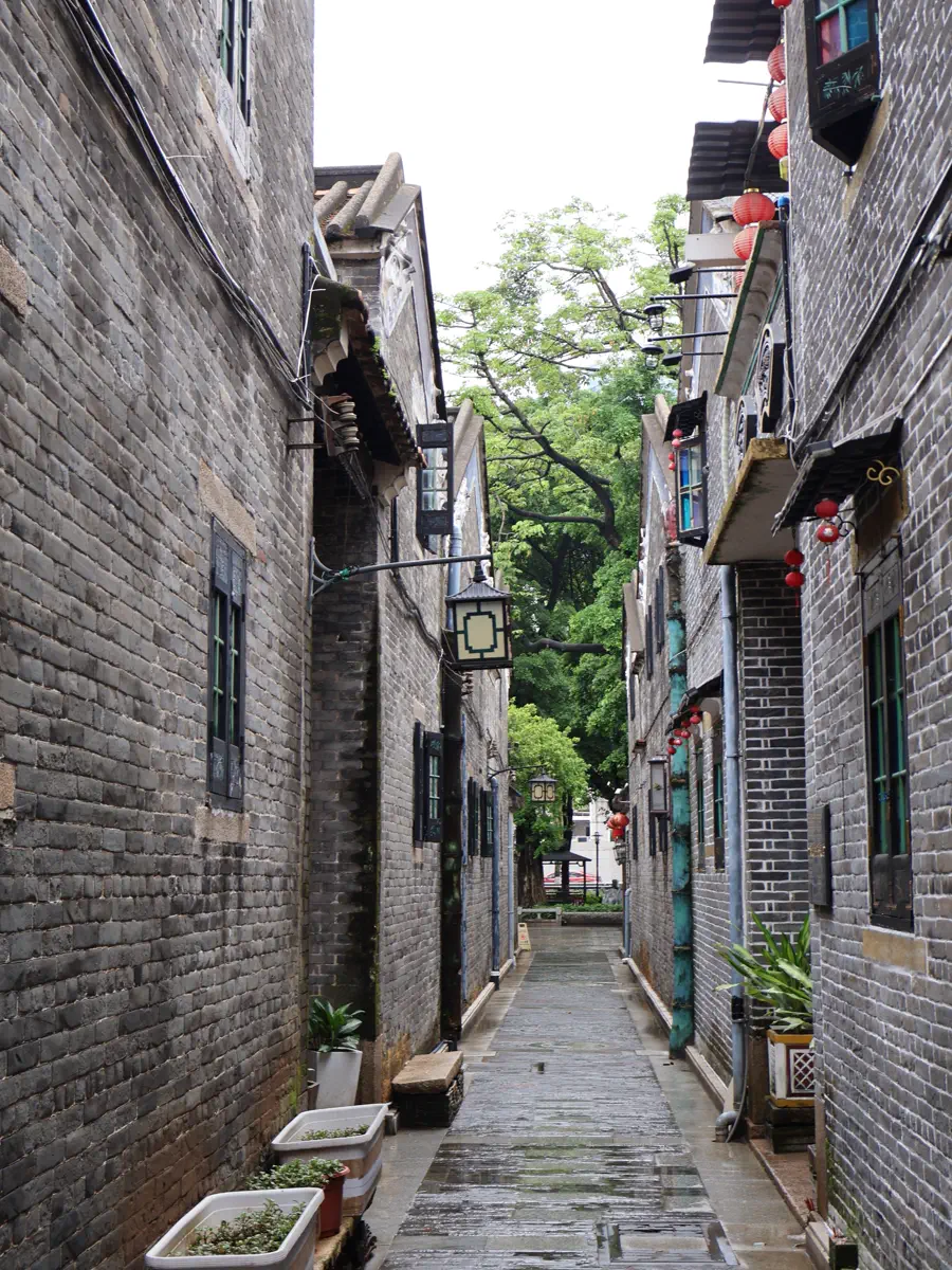 Vertical view of a damp stone-paved lane in Julong Village lined with tall gray-brick walls and Manchu stained-glass windows