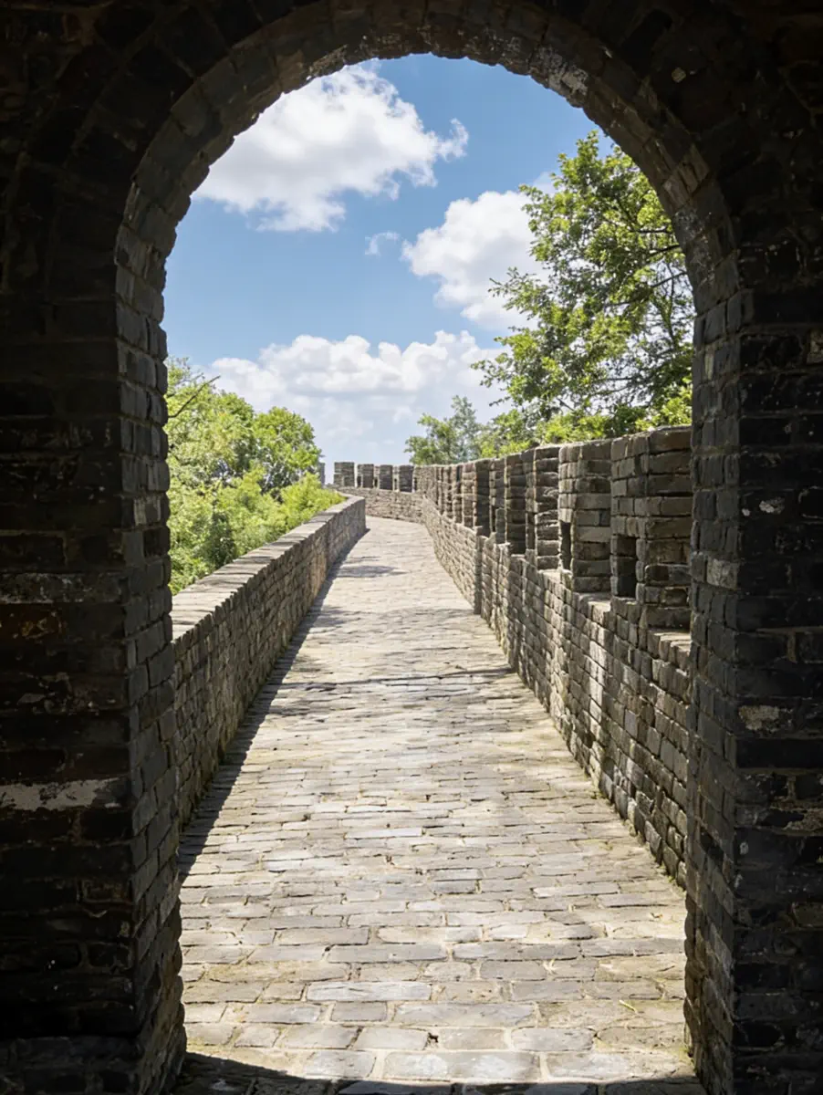 Arched stone gateway and weathered brick ramparts of Lianhua City fortress overlooking trees