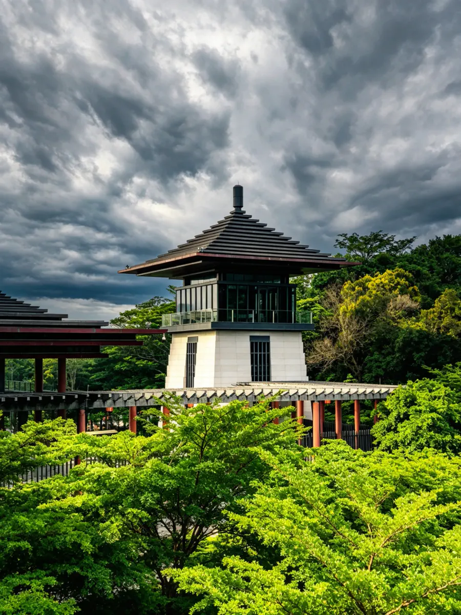Towering ancient corner watchtower and timber walkway corridor framed by green canopy and dramatic cloudy sky