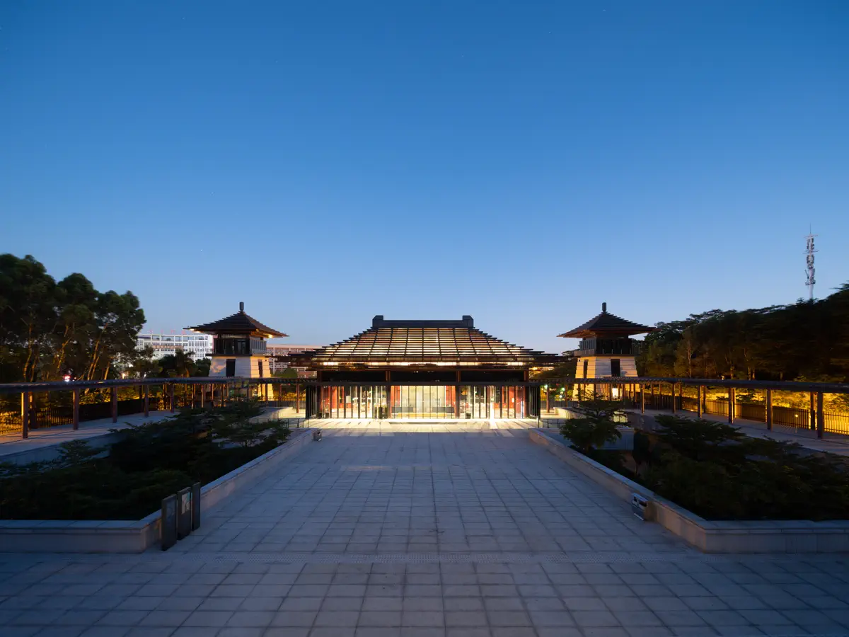 Southern Han Mausoleums Museum central plaza illuminated at twilight with glowing lantern corridors
