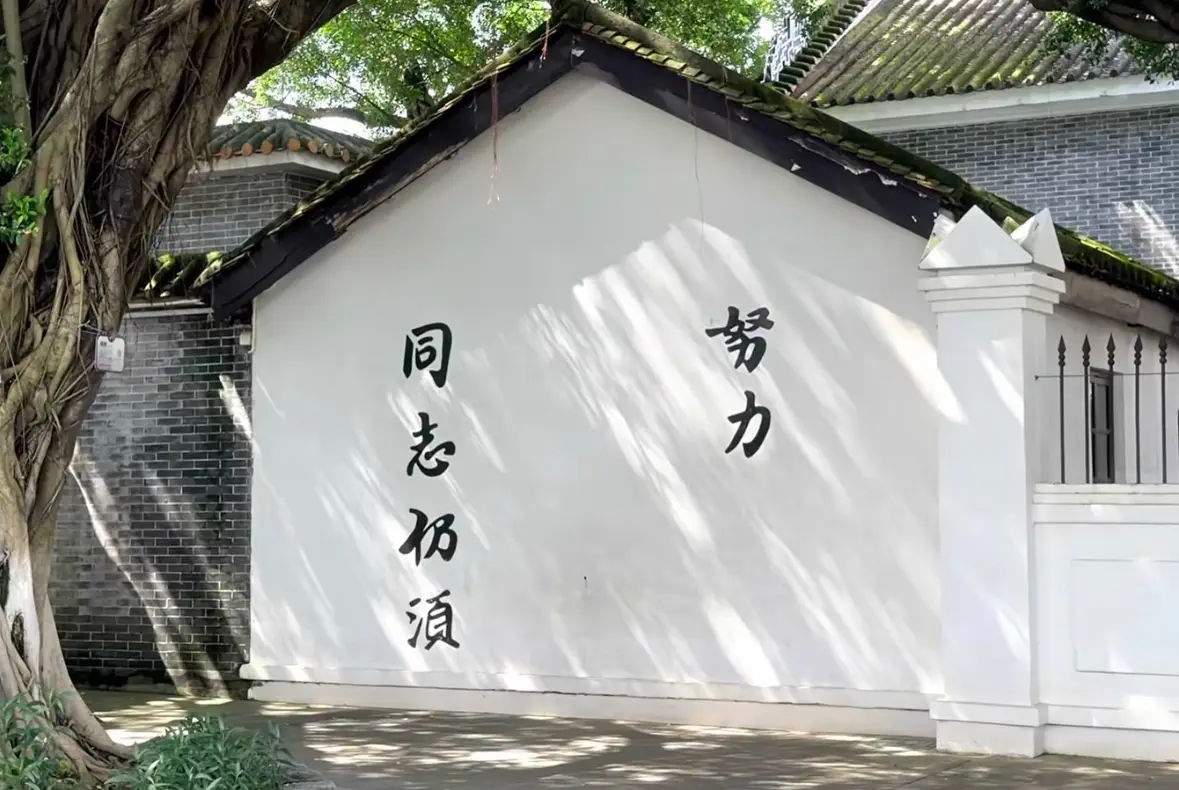 Whitewashed brick wall with Sun Yat-sen's historic political calligraphy shaded by leafy banyan tree branches