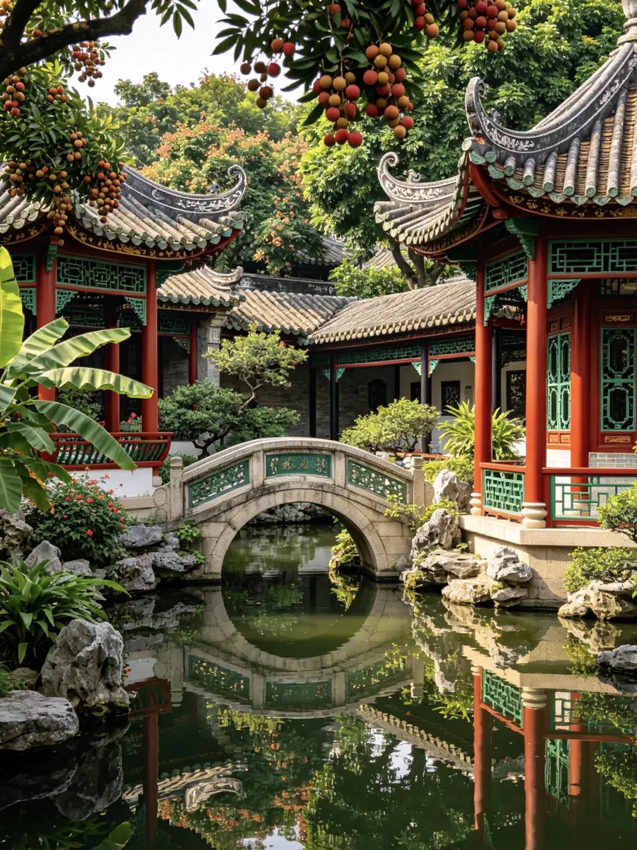 Single-arch stone moon bridge with inverted reflection over quiet waters alongside a red-pillared pavilion and ripe clusters of hanging lychee fruits