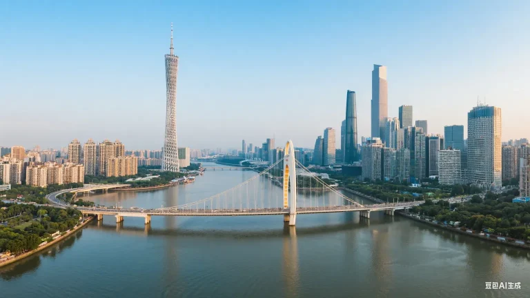 Panoramic view of Guangzhou skyline featuring Canton Tower and Pearl River bridges, ideal for travel guide