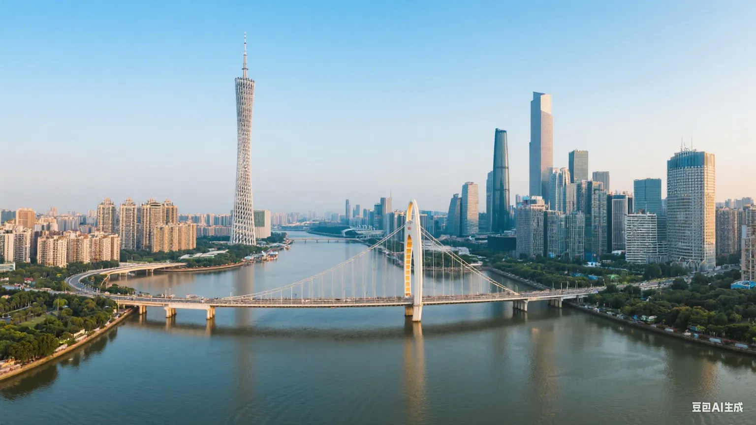 Panoramic view of Guangzhou skyline featuring Canton Tower and Pearl River bridges, ideal for travel guide